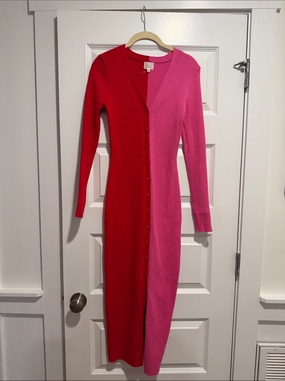 Colorblock Ribbed Long-Sleeve Button-Front Midi Dress in Red & Pink
